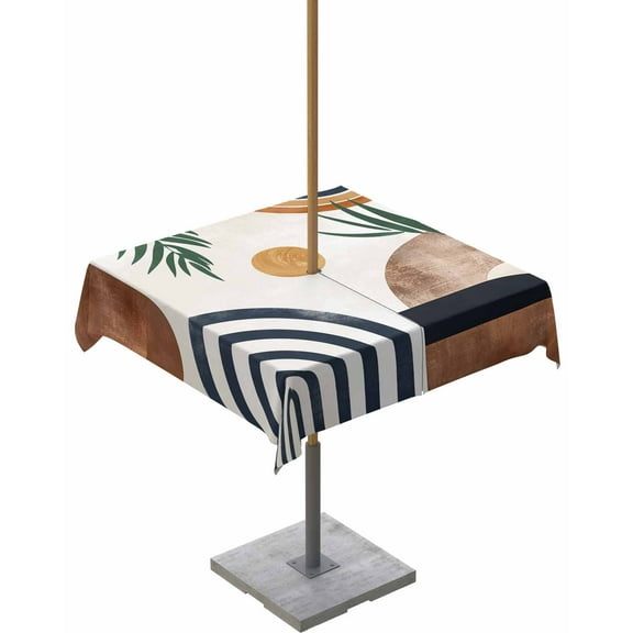 Abstract Boho Outdoor Square Tablecloth with Umbrella Hole 54x54,Bohemian Palm Leaf Geometric Leaf Circle Wrinklefree Wipeable Fabric Table Cloth Waterproof Zippered Cover for Camping Picnic Patio