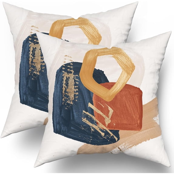 Abstract Boho Pillow Covers 18x18 Set of 2 Mid Century Navy Blue Burnt Orange Yellow Decorative Throw Pillows Modern Geometric PillowCase Square Cotton Farmhouse Cushion Case Decor for Couch Sofa Bed