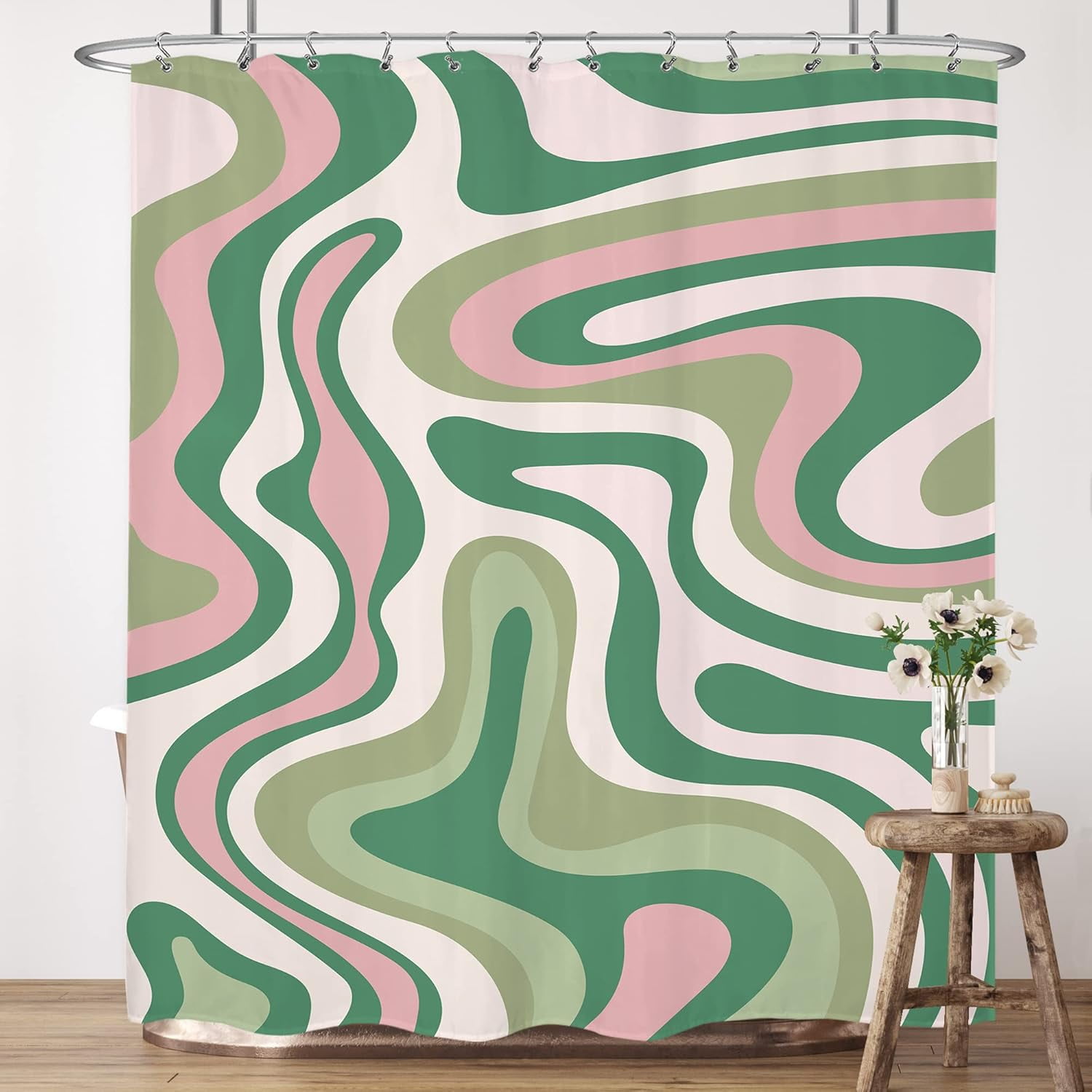 Abstract Boho Pink Green Shower Curtain 72Wx72H Inches Groovy Spiral Swirl Modern Waves Aesthetic Cute 2000s 70s Retro Cloth Fabric Waterproof Polyester Bathroom Home Decor Set with Hooks