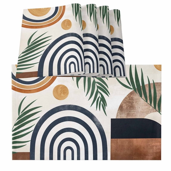 Abstract Boho Placemats for Dinning Table Set of 4, Bohemian Palm Leaf Geometric Leaf Circle Burlap Kitchen Place Mats Waterproof Cloth Table Mats, Indoor Outdoor Placemats Easy Clean Dinner Decor