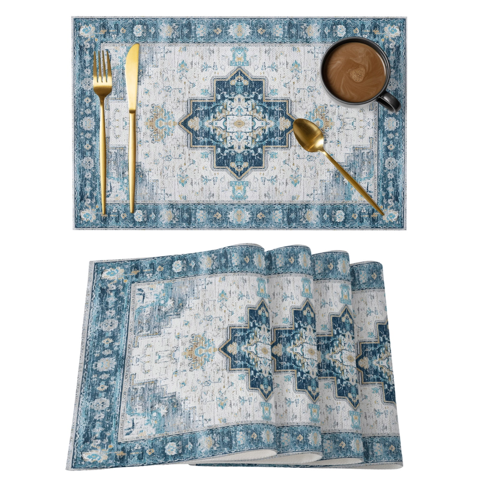 Abstract Boho Placemats Set of 12, Vintage Blue White Botanical Texture ...