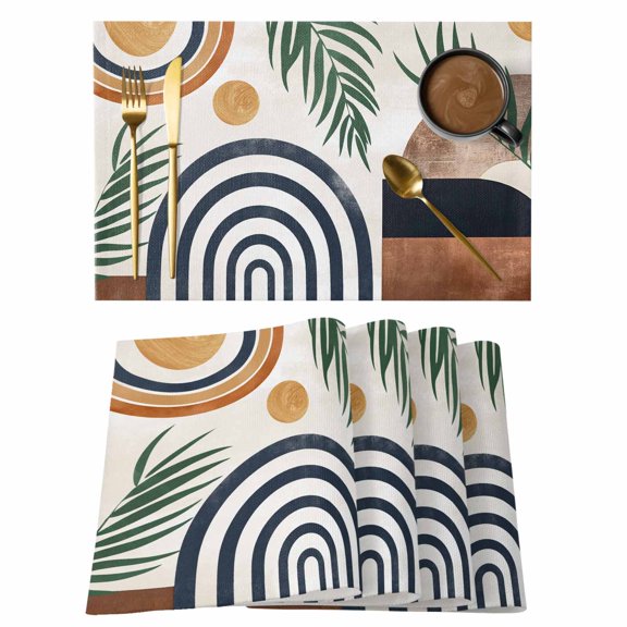 Abstract Boho Placemats Set of 2, Cotton Linen Fabric Place Mats, Bohemian Palm Leaf Geometric Leaf Circle Washable Decorative Table Mats Protector for Home Kitchen Dining Wedding Party Coffee Tables