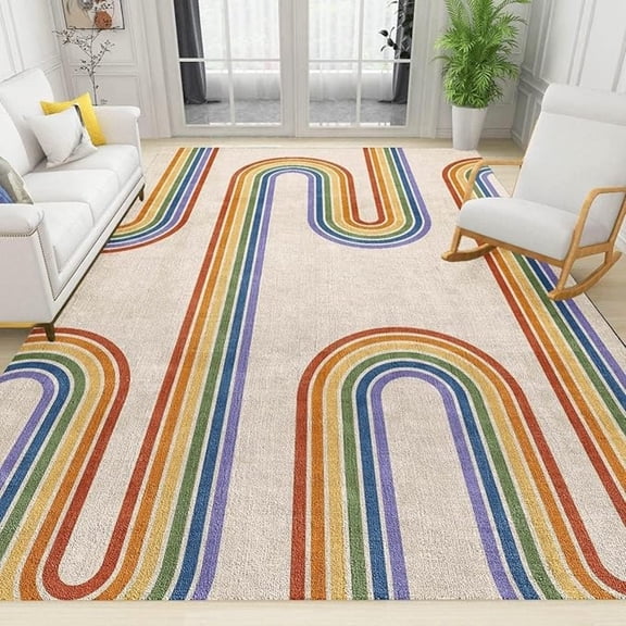 Abstract Boho Rainbow Area Rug, Retro Rainbow 70s Soft Washable Rug, Anti-Slip Backing Decorative Rug For Living Room Bedroom Kitchen Dining Room Home Rug Laundry Room Rug 5x7ft