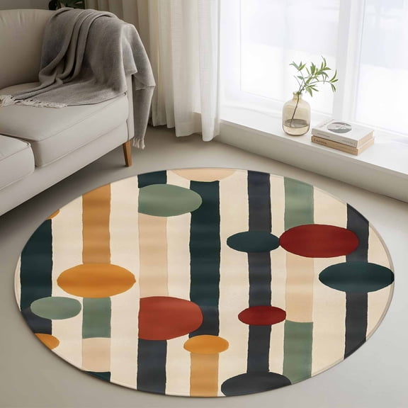Abstract Boho Round Area Rug 3.3 FT, Non Slip Small Entryway Kitchen Mat, Vintage Multicolored Geometric Stripes Washable Soft Circular Rug Non-Shedding Door Mat for Bathroom Playroom Kids Room