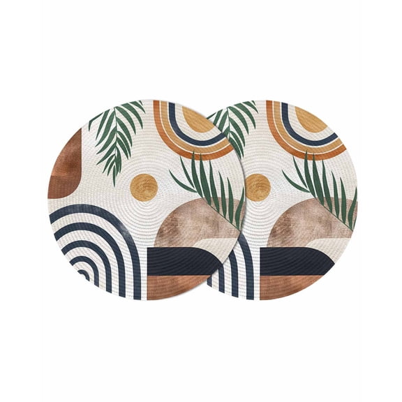 Abstract Boho Round Placemats Set of 2 for Dinning Tables,Heat-proof Braided Table Mats 13 Inch,Bohemian Palm Leaf Geometric Leaf Circle Washable Place Mat for Kitchen Restaurant Party Table Decor