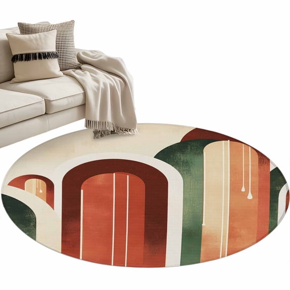 Abstract Boho Round Rug 3ft Washable Circle Entryway Rugs Non Slip Vintage Minimalist Arch Geometric Red Orange Area Rug Indoor Floor Carpet for Bedroom Kitchen Living Room Office Dining Room Nursery