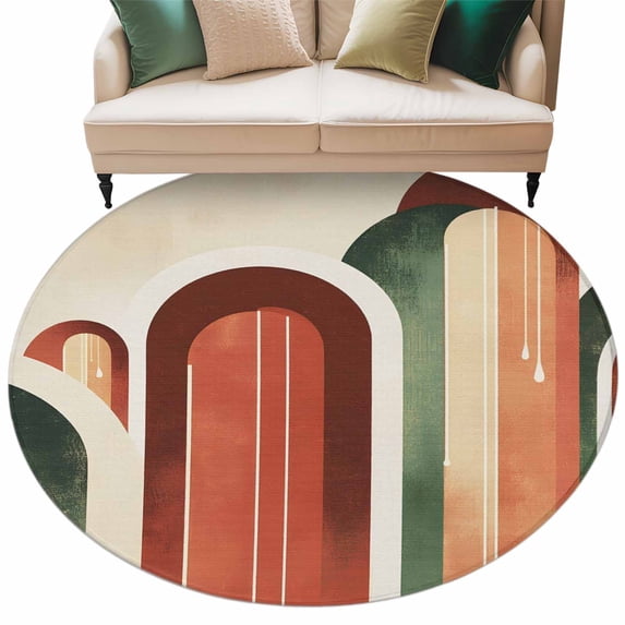 Abstract Boho Round Rug 5ft Washable Circle Kitchen Rugs Non Slip Vintage Minimalist Arch Geometric Red Orange Large Area Rug Indoor Floor Carpet for Bedroom Living Room Office Dining Room Nursery