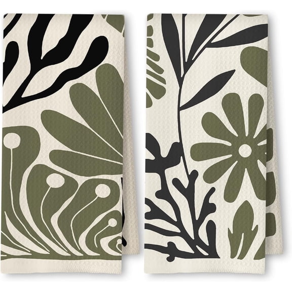 Abstract Boho Sage Green Floral Kitchen Towels Set of 2, 70s Retro Groovy Boho Botanical Dish Tea Towels for Kitchen Decor, Mid Century Modern Hand Towels for Bathroom Decor, 16x24 Inch