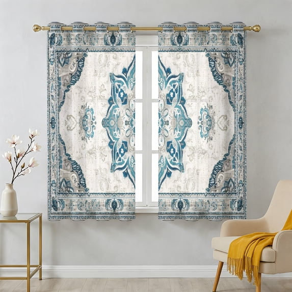 Abstract Boho Sheer Curtains 54 Inch Long 2 Panels, Vintage Blue Beige ...