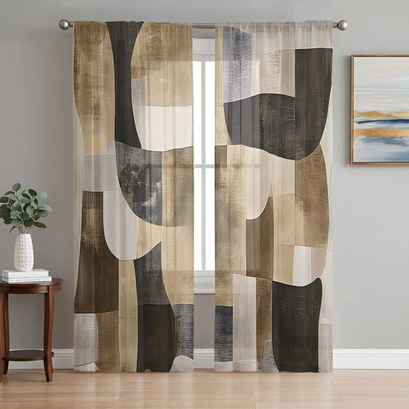 Abstract Boho Sheer Curtains 84 Inch Length 2 Panels Set, Vintage Black Brown Geometric Voile Window Treatment Rod Pocket Curtains Sheers Drapes for Bedroom/Living Room/Kitchen 52"x84"x2
