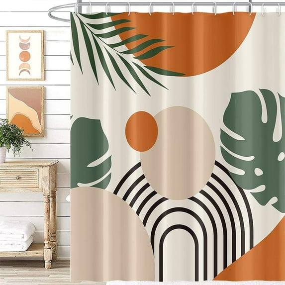 Abstract Boho Shower Curtain for Bathroom Accessories 72x84 Inch Mid Century Vintage Green Leaves Arch Sun Modern Aesthetic Shower Curtains Waterproof Polyester Fabric with 12 Hooks