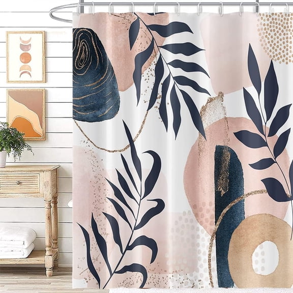 Abstract Boho Shower Curtain Mid Century Eucalyptus Leaves Botanical Pink Chic Pattern for Women Minimalist Bathroom Decor Accessories Shower Curtain Set with 6 Hooks, 36x72 Inches