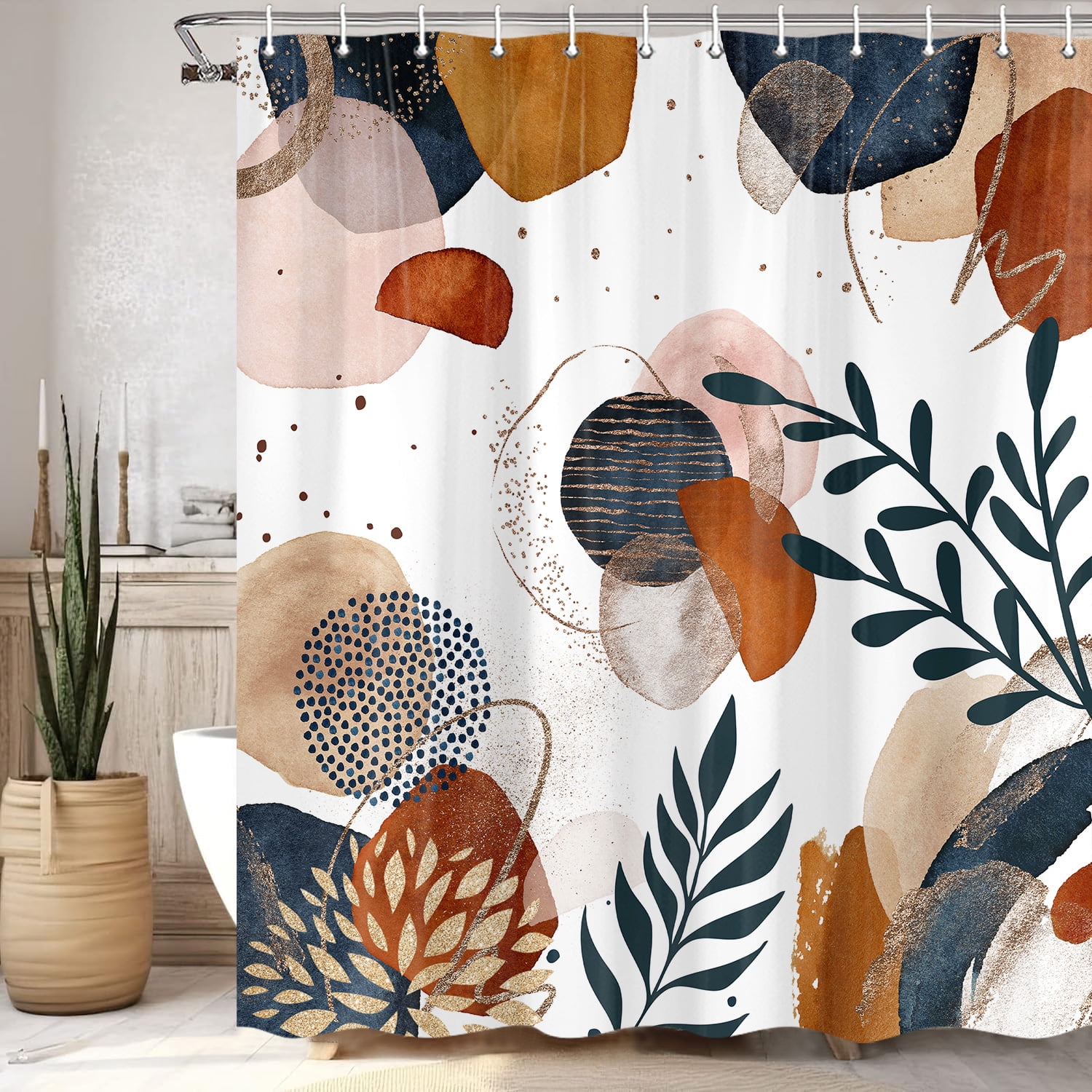 Abstract Boho Shower Curtain, Navy Blue Gold Leaves Plants Minimalist Aesthetic Shower Curtain for Bathroom, Mid Century Modern Bath Decor Accessories Cloth Fabric Waterproof with Hooks,72X75IN