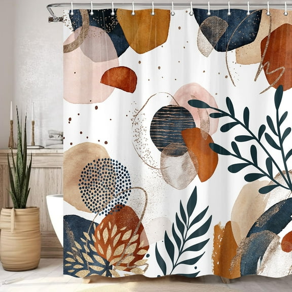 Abstract Boho Shower Curtain, Navy Blue Gold Leaves Plants Minimalist Aesthetic Shower Curtain for Bathroom, Mid Century Modern Bath Decor Accessories Cloth Fabric Waterproof with Hooks,72X72IN