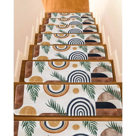 Abstract Boho Stair Treads for Wooden Steps Indoor Runner Rug Carpet, Bohemian Palm Leaf Geometric Leaf Circle 7 Pieces Peel and Stick Staircase Step Treads Covers Washable Throw Door Mats, 30"x8"