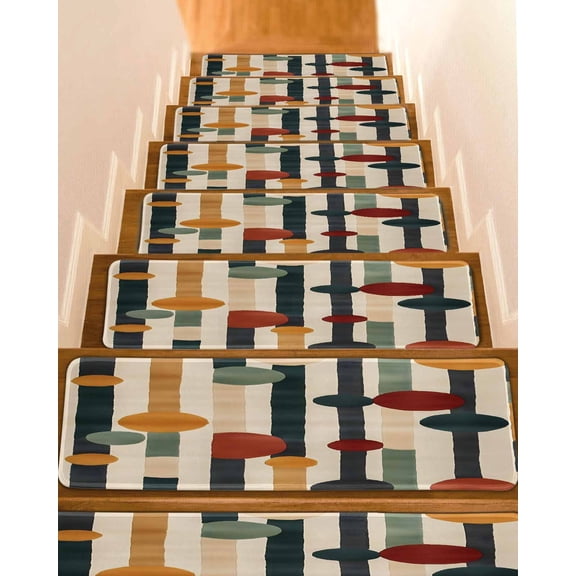 Abstract Boho Stair Treads for Wooden Steps Indoor Runner Rug Carpet, Vintage Multicolored Geometric Stripes 15 Pieces Peel and Stick Staircase Step Treads Covers Washable Throw Door Mats, 30"x8"
