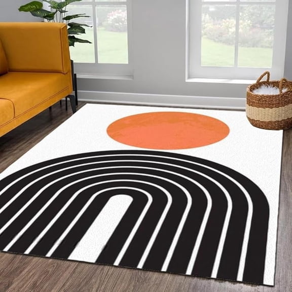 Abstract Boho Style Area Rug, Geometric Line Rainbow Sun Non Slip Kids Rugs, Easy Care Durable Carpet For Indoor Living Room Bedroom Office Decor Mat 4x5ft