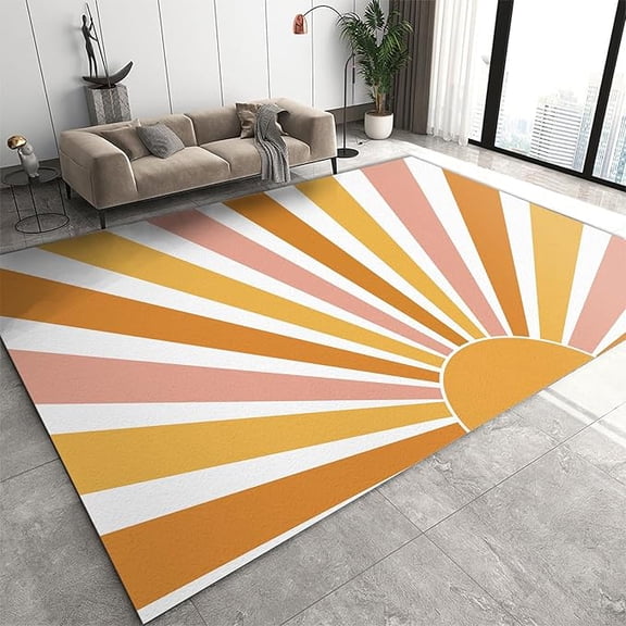 Abstract Boho Sun Area Rug For Living Room, Modern Orange Yellow Sun Boho Playroom Area Rug, Non Slip Washable Foldable Classroom Rug For Entryway Hallway Office Bedroom Nursery 3 x 4ft