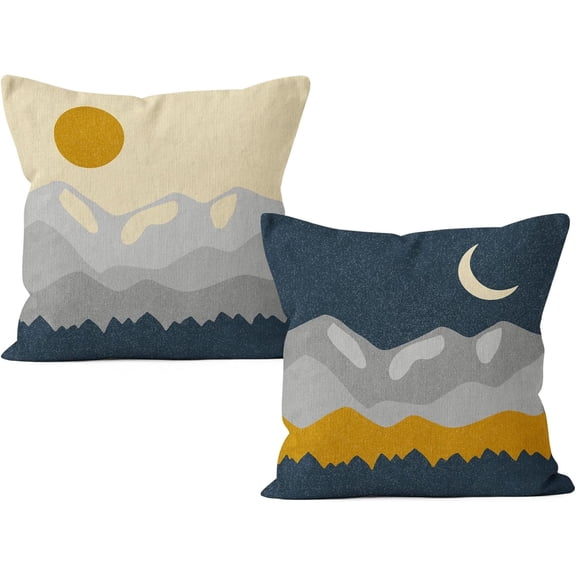 Abstract Boho Sun Moon Forest Mountains Decorative Pillowcase Throw Pillow Cover, Modern Art Sunrise Sunset Landscape for Sofa Bed Room Home Bohemia Decor 18 x 18 Inch Set of 2 Pillow Case