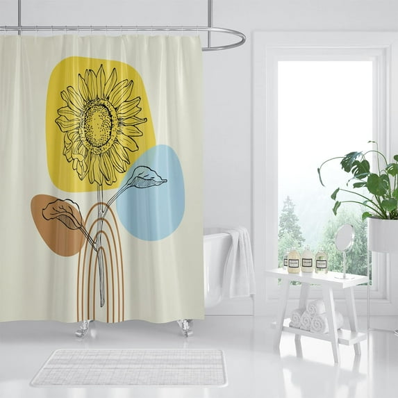 Abstract Boho Sunflower Shower Curtain, Mid Century Modern Yellow Sunflower Shower Curtain Set, Floral Shower Curtains for Bathroom, Waterproof Fabric with 12 Hooks, 72 x 72 Inches