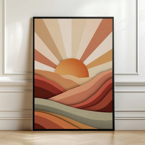 Abstract Boho Sunrise Landscape Wall Decor Retro Sun Rays Over Hills Mid Century Modern Earth Tone Sunset Print