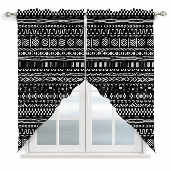Abstract Boho Swag Curtains for Living Room/Bedroom, Modern African Ethnic Geometric Black Swag Kitchen Curtain Valances for Windows, Tier Topper Scalloped Curtain 2 Panels, 56"W x 36"L