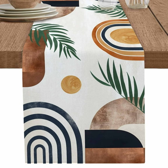 Abstract Boho Table Runner 108 Inches Long for Dining Table Decor,Bohemian Palm Leaf Geometric Leaf Circle Burlap Linen Farmhouse Table Runner Coffee Table Runners Dresser for Kitchen Party Holiday