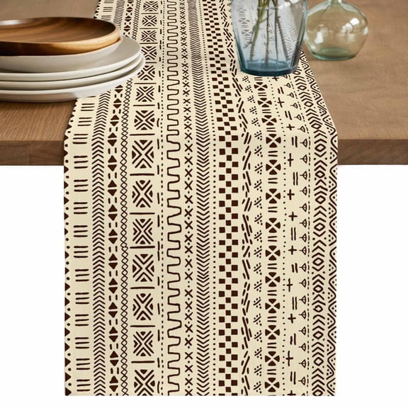 Abstract Boho Table Runner 48 Inches, Modern African Ethnic Geometric Beige Bed Runner Dresser Scarves Tabletop for Indoor Outdoor Parties/Ceremony/Banquet, 13" x 48"