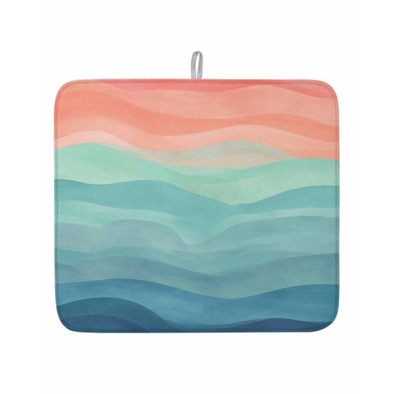Abstract Boho Teal Sea Waves Dish Drying Mats for Kitchen Counter,Absorbent Microfiber Dish Drainer Rack Mat Orange Sun Coastal Dusk Drying Pad for Sinks,Utensils,Countertops,16x18in