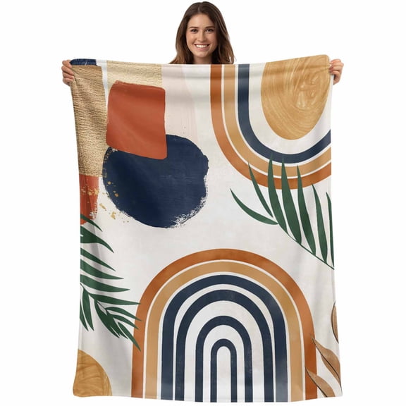 Abstract Boho Throw Blankets, Mid Century Geometric Palm Leaf Sun Moon Soft Fleece Blanket Decorative for Home Sofa Couch Chair Living Bedroom, 30x40 Inches, Brown