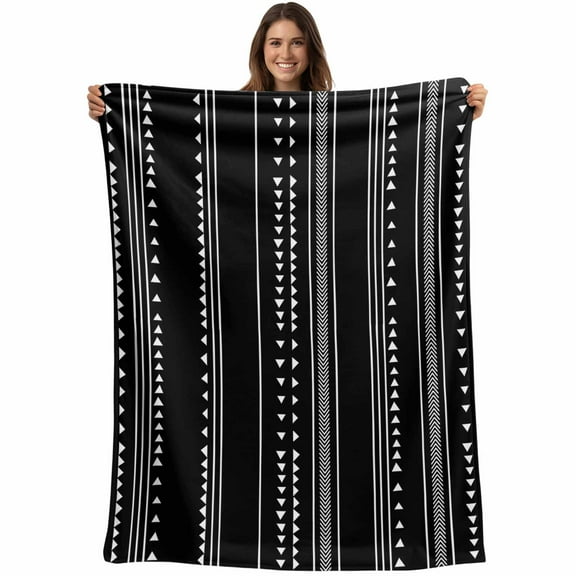 Abstract Boho Throw Blankets, Minimalist Black White Striped Triangle Soft Fleece Blanket Decorative for Home Sofa Couch Chair Living Bedroom, 40x50 inches,