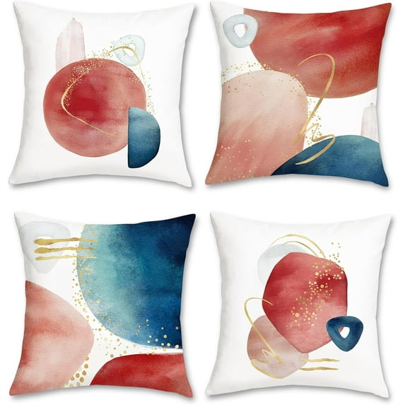 Abstract Boho Throw Pillow Covers 18 x 18 Inch Mid Century Modern Minimalist Red Blush Blue Geometric Decorative Pillows Covers for Couch Sofa Bed Home Decor Set of 4