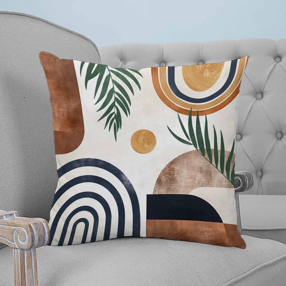 Abstract Boho Throw Pillow Covers, Soft Pillowcases with Invisible Zipper, Bohemian Palm Leaf Geometric Leaf Circle Decorative Square Pillow Cushion Covers for Living Room Couch Sofa Bed 16x16 Inches