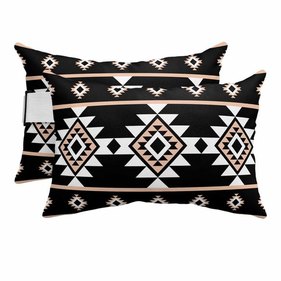 Abstract Boho Tribal Geometric Outdoor Pillow for Chaise Lounge Chair,Retro Ethnic Aztec Pattern Waterproof Headrest Lumbar Pillows with Insert&Elastic Strap for Patio Pool Garden Chairs Decor,2 Pack