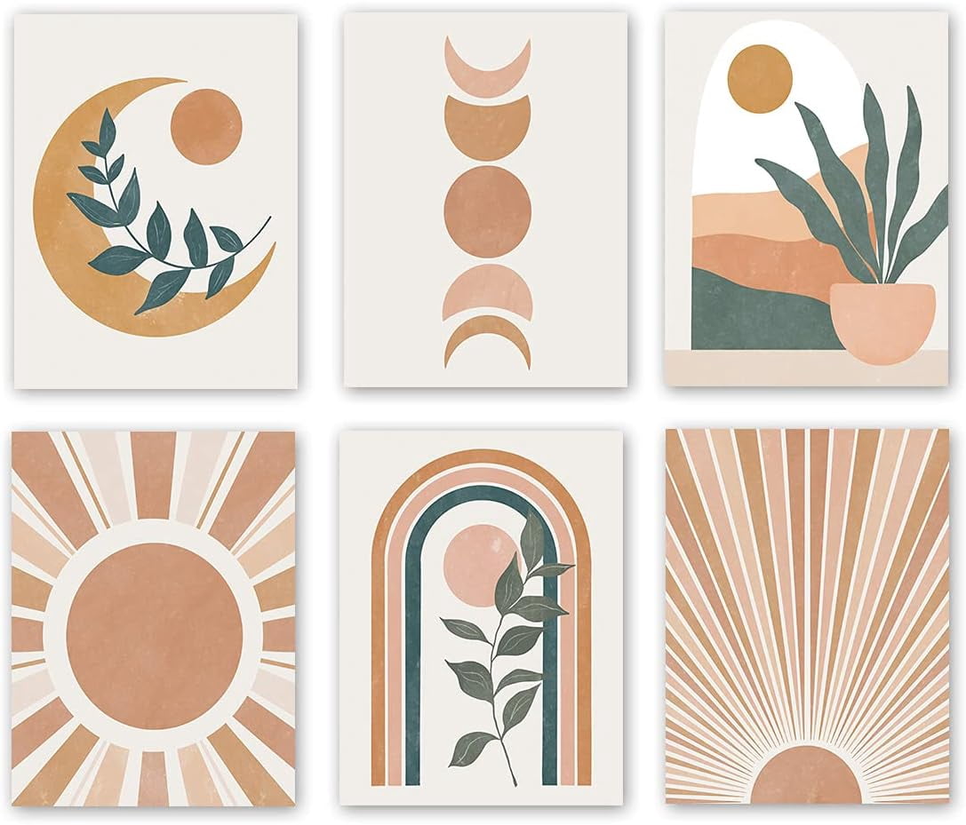 Abstract Boho Wall Art Prints, Minimalist Geometric Sun Canvas Wall Art ...
