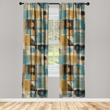 Abstract Boho Window Curtains, Modern Minimalist Vibe Triangle and Rhombus Pattern with Dots Print, Lightweight Decor 2-Panel Set with Rod Pocket, Pair of - 28"x63", Dark Yellow Sea Blue, by Ambesonne