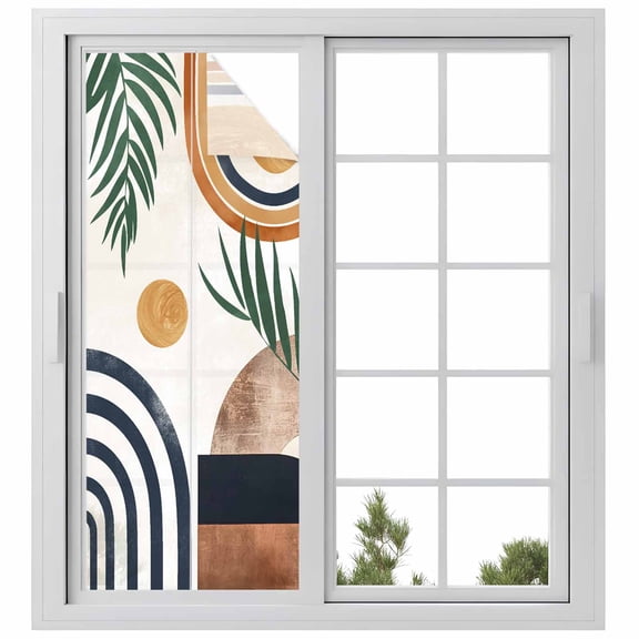 Abstract Boho Window Privacy Film, Bohemian Palm Leaf Geometric Leaf Circle Static Cling UV Sun Blocking Heat Control Window Tint Day and Night, Non-Adhesive One Way Windows Privacy Cover 23.6''x59''