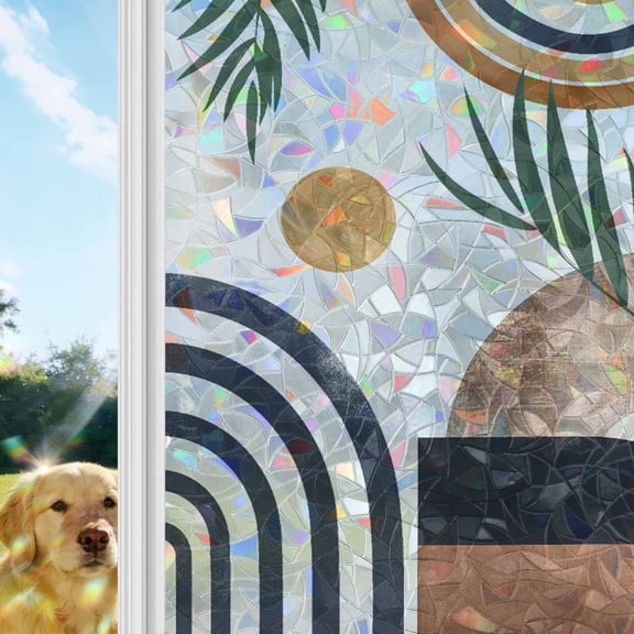 Abstract Boho Window Privacy Film Stain Glass,Reusable Decorative Rainbow Window Film,Bohemian Palm Leaf Geometric Leaf Circle Static Cling Sun Blocking Stickers Decals Covers 29.5" x 118" (2pcs)