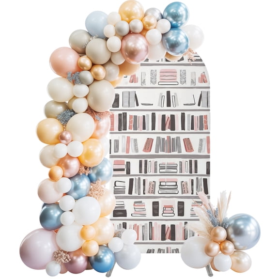 Abstract Bookshelf Arch Backdrop Cover 4 FT Pink Gray Book Minimalist Art Modern Stretchy Elastic Arch Stand Covers Spandex Arched Background Birthday Wedding Party Decoration (No Stand)