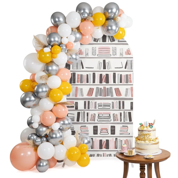 Abstract Bookshelf Arch Backdrop Cover 4FT Pink Gray Book Minimalist Art Modern Spandex Fitted Arch Covers Stretchy Backdrop Decoration for Wedding Birthday Graduation Party