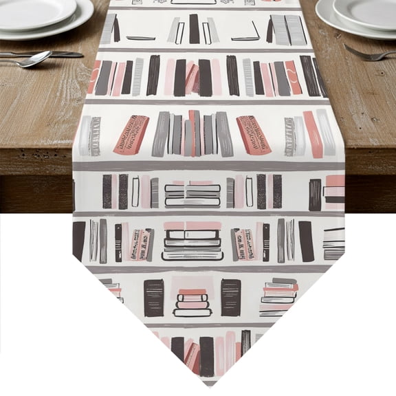 Abstract Bookshelf Table Runner Linen Burlap Table Runner 36 Inches Small Modern Literary Books Aesthetic Dresser Scarves for Kitchen Island Coffee Dining Room Party Wedding Holiday Decor 13"x36"