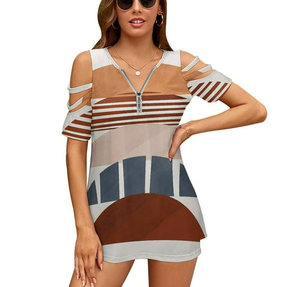 Abstract Botani Boho Flower Womens Summer V Neck Zipper Top Short Sleeve T Shirt Off Shoulder Top Casual Classy Loose Shirts