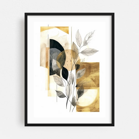 Abstract Botanical Art with Gold and Black Elements - Illustration Abstract Geometric Botanical Modern Art Minimalist Watercolor Nature Black Framed Wall Art Print 12 x 16 inches
