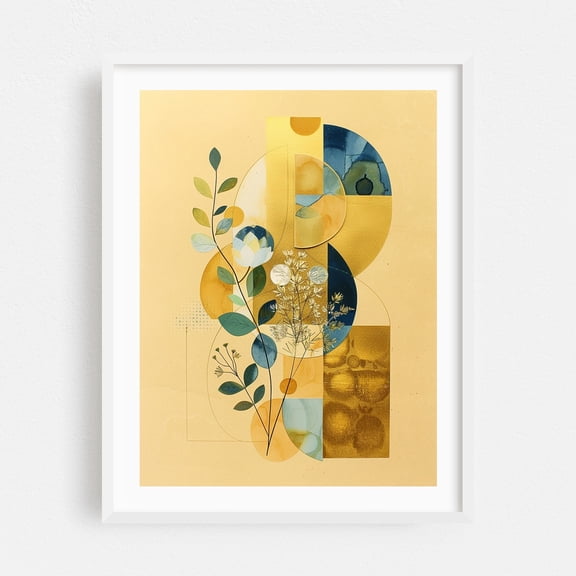 Abstract Botanical Art with Gold Geometric Shapes and Watercolor Elements - Illustration Geometric Floral Abstract Modern Art Botanical Minimalist Watercolor White Framed Wall Art Print 5 x 7 inches