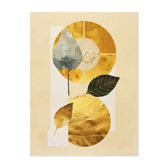 Abstract Botanical Art with Gold Leaf and Circles - Illustration Geometric Abstract Botanical Minimalist Modern Art Nature Unframed Wall Art Print 5 x 7 inches