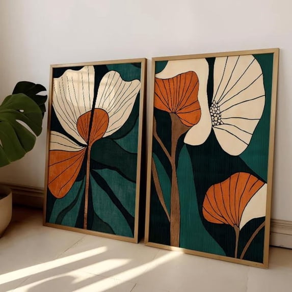Abstract Botanical Floral Mid Century Retro Bedroom Wall Art Set 2 Stretched Canvas 8x12