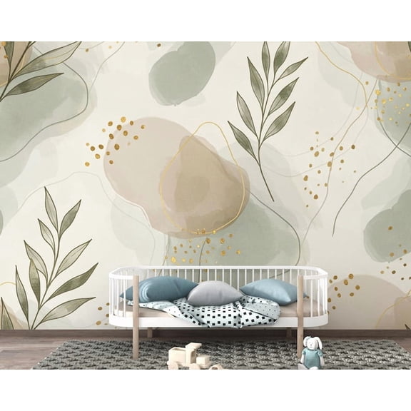 Abstract Botanical Leaf Peel and Stick Wallpaper Mural, Removable Sage Green Nature Wall Mural for Living Room Bedroom Office, Boho Modern Wall Decor