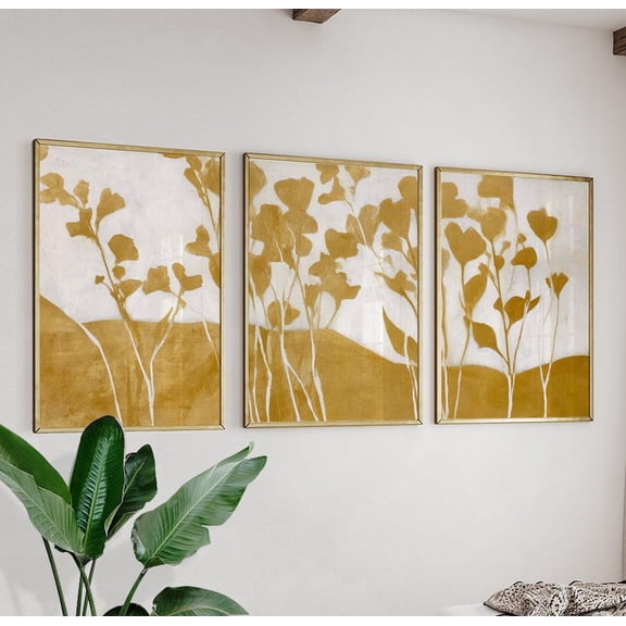 Abstract Botanical Leaf Wall Art Ochre Beige Minimal Triptych Set 3 Unframed Paper Print 8x12