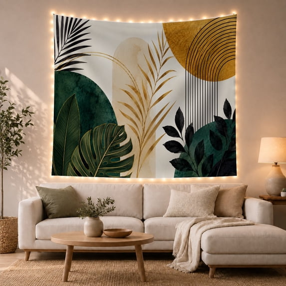 Abstract Botanical Leaves on a Cream Background, Serene Boho for Plant Lovers, Neutral Art Decor Long-Tail Phrase, Housewarming Gift, Tapestry Wall Hanging for Living Room and Bedroom