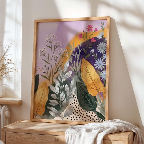 Abstract Botanical Print Lavender Floral Poster Pink Purple Gold Leaf ...
